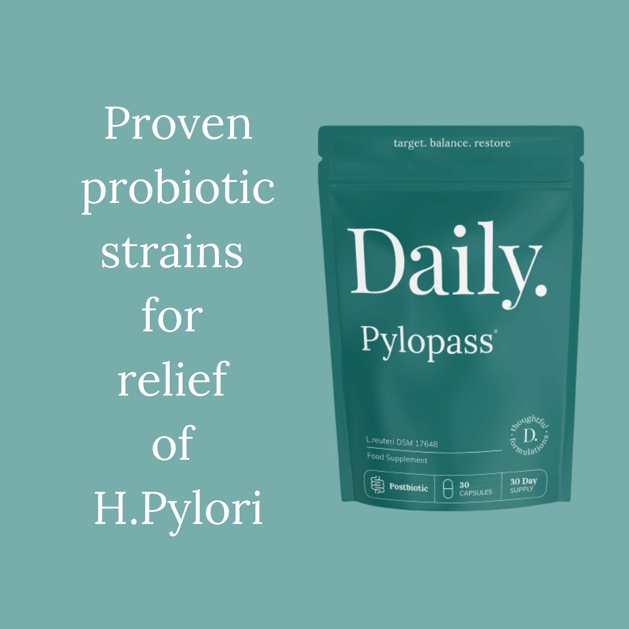 Green package of Daily Pylopass with text on a teal background