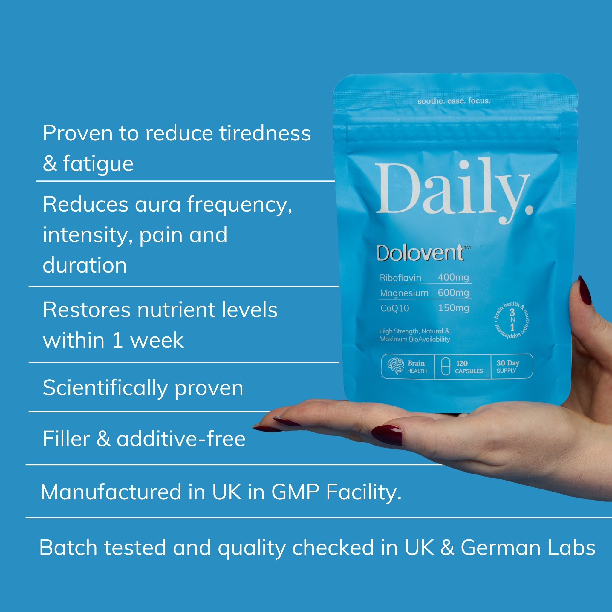 Dolovent is created by Made By Daily. In this image they explain the benefits of Dolovent for migraines