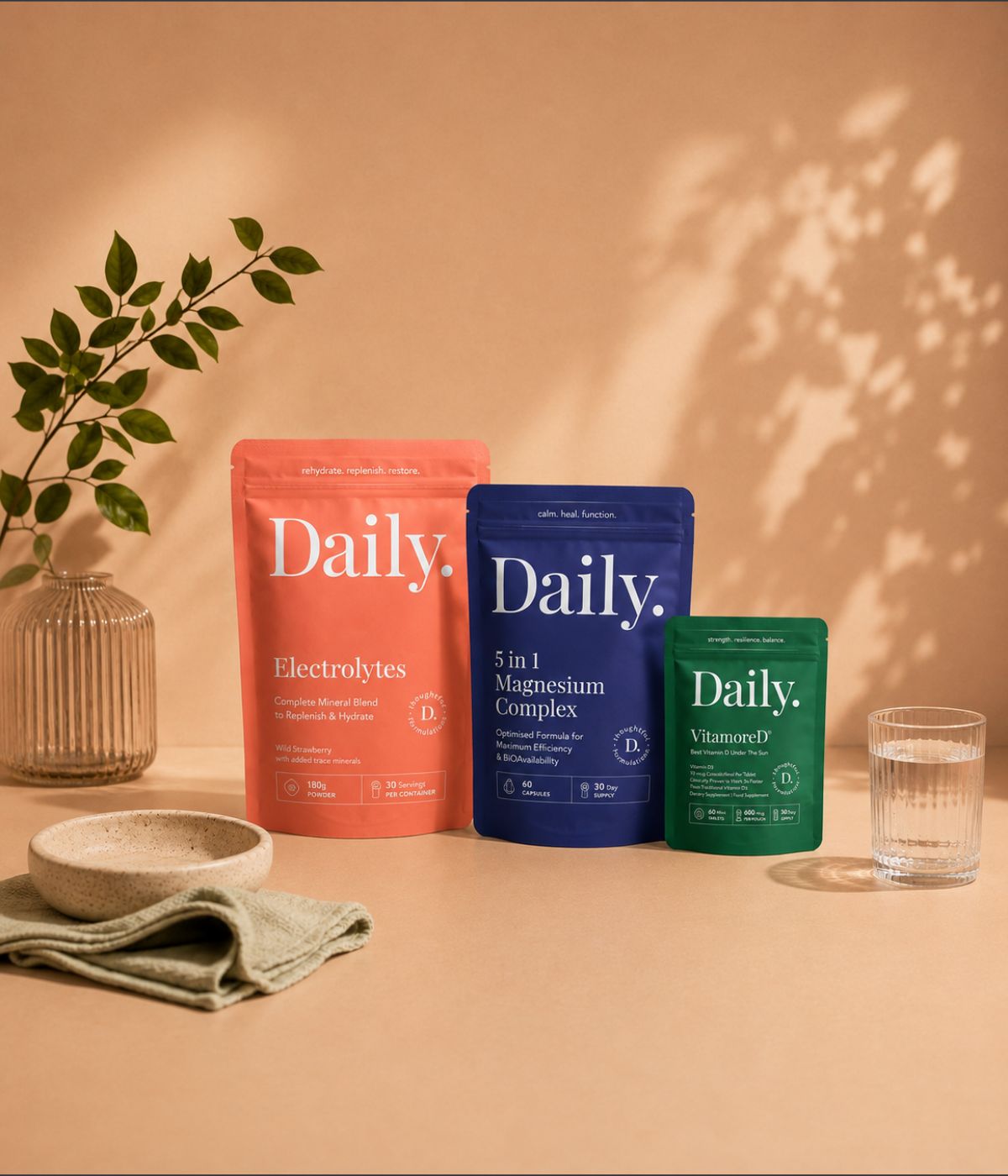Daily Essentials bundle of supplement tubs and boxes