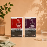Two boxes of Toxa Prevent dietary supplements, Medi Pure and Medi Plus, displayed on a beige surface with a warm shadow cast on the background wall, flanked by a glass vase with green leaves and a glass of water.