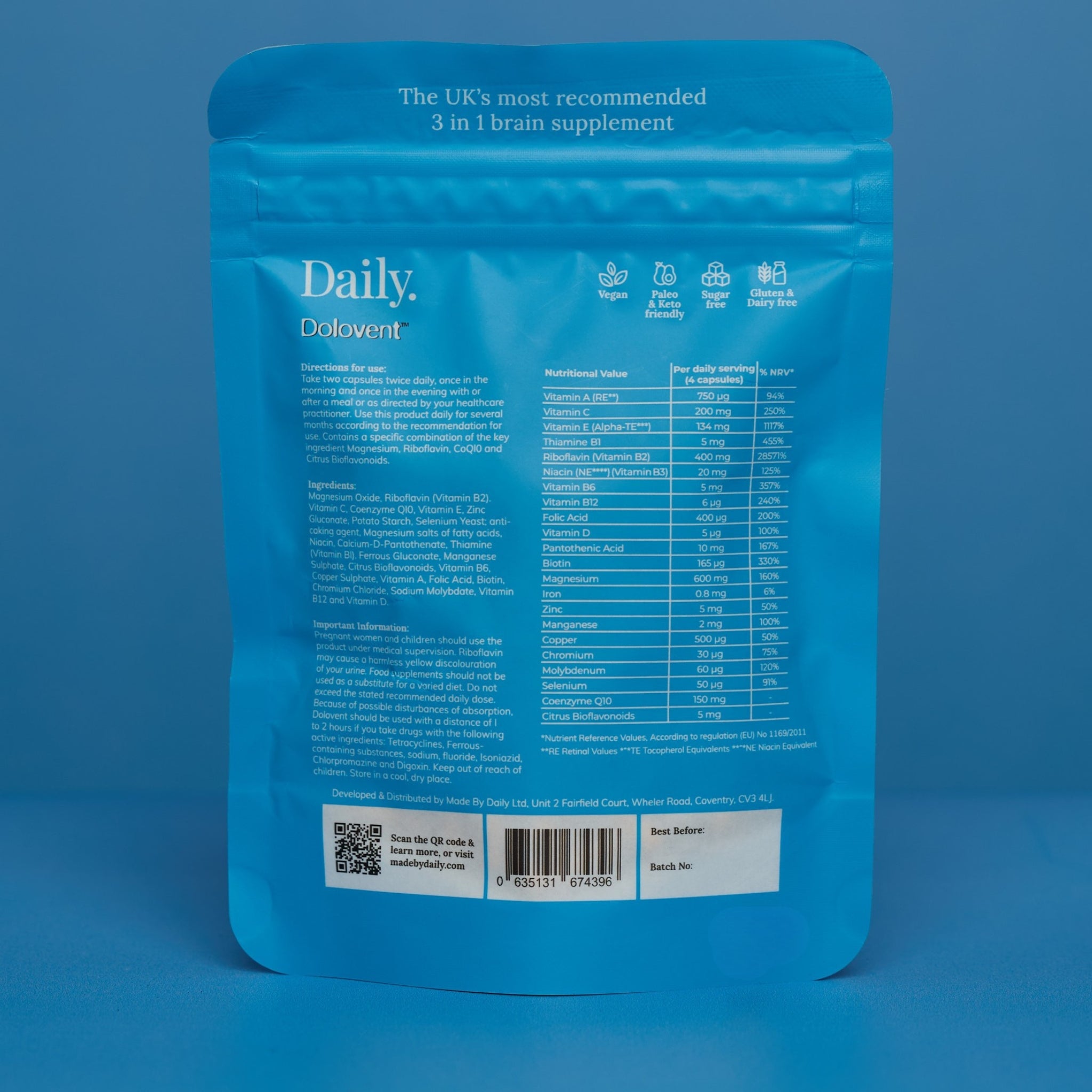Back of Dolovent packaging showing full label, ingredients and recommended daily allowance
