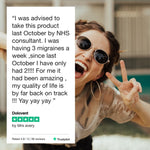 Happy Woman making a peace sign with sunglasses, text overlay about Dolovent effectiveness for reducing migraine a Trustpilot rating.