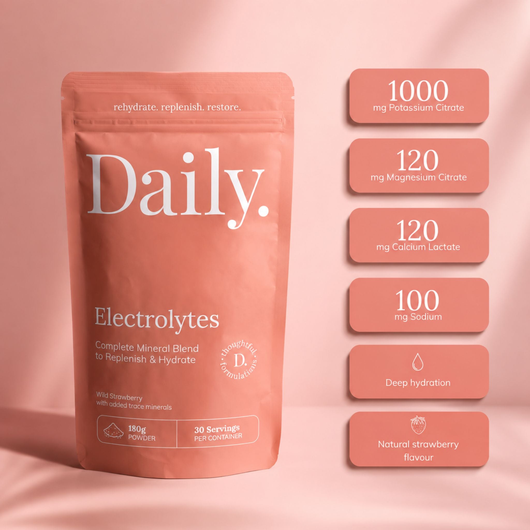 A stand-up pouch of Daily Electrolytes in a dusty pink color, shown next to seven matching pink informational badges detailing key electrolyte contents and benefits on a matching pink background.