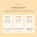An informational graphic on a warm beige background with the heading 'Is this for me?' and text explaining exposure sources related to heavy metals. Three cream panels below are labeled Environmental, Occupational, and Lifestyle, each listing examples of contexts or activities.