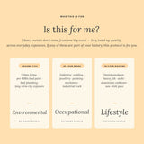 An informational graphic on a warm beige background with the heading 'Is this for me?' and text explaining exposure sources related to heavy metals. Three cream panels below are labeled Environmental, Occupational, and Lifestyle, each listing examples of contexts or activities.