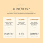 An informational graphic on a warm beige background with the heading 'Is this for me?' and three labeled panels: Digestive, Skin, and Systemic, explaining how histamine intolerance affects the body.