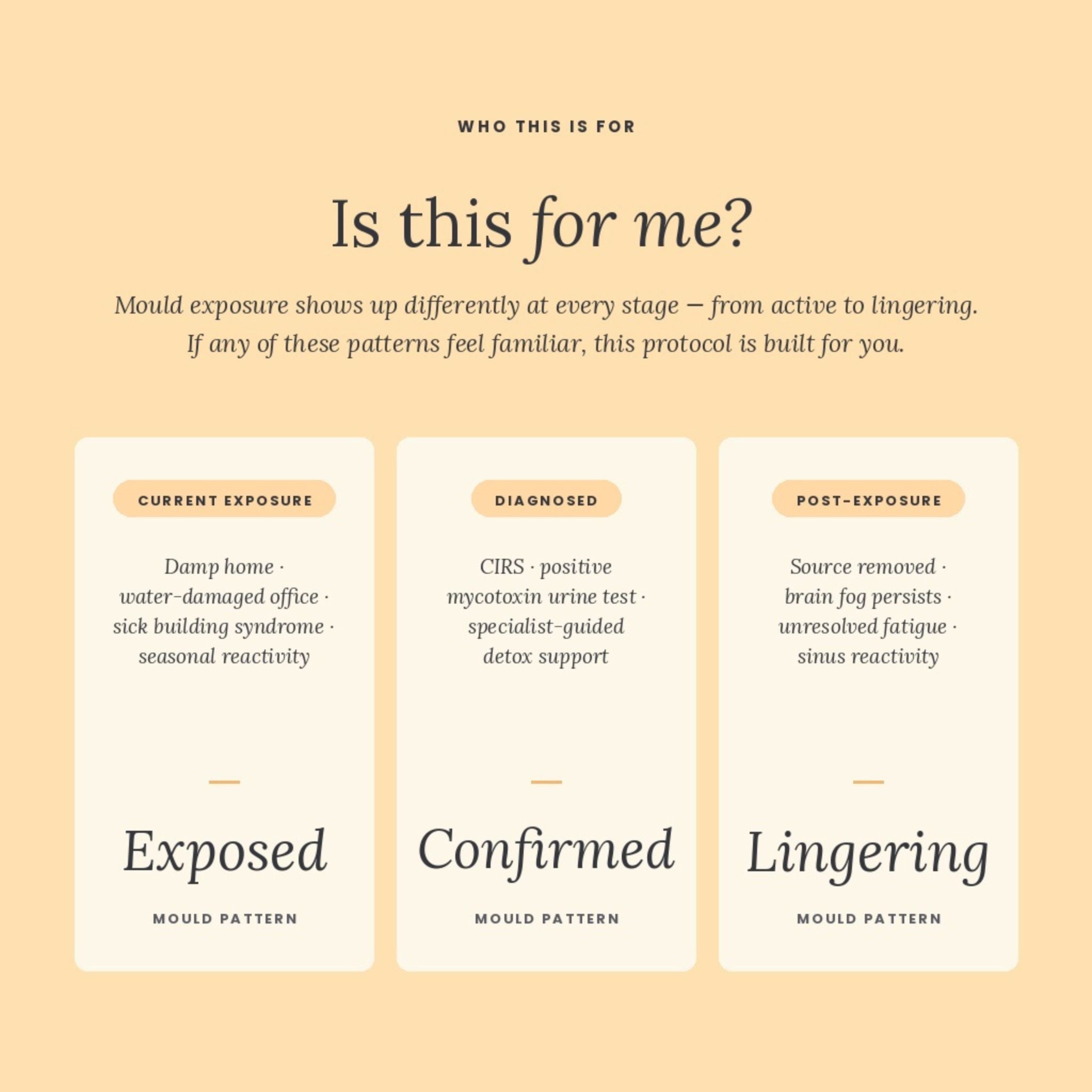 An informational graphic on a warm beige background with the heading 'Is this for me?' and three labeled panels: Current Exposure, Diagnosed, and Post-exposure, each with text about mould-related symptoms and patterns.