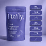 A blue stand-up pouch labeled 'Daily. 5 in 1 Magnesium Complex' shown on a lavender background, with a vertical list of supplement claims to the right detailing magnesium and vitamin B6 amounts.