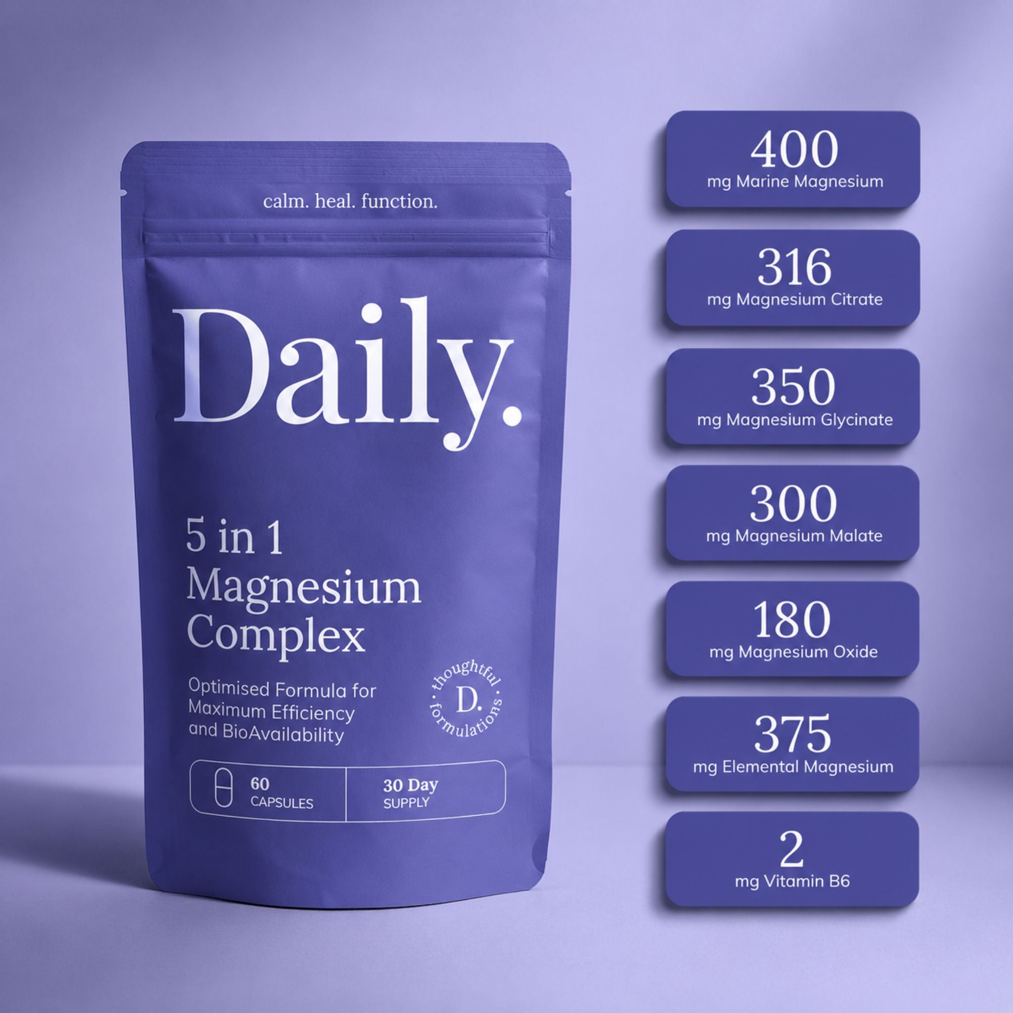 A blue stand-up pouch labeled 'Daily. 5 in 1 Magnesium Complex' shown on a lavender background, with a vertical list of supplement claims to the right detailing magnesium and vitamin B6 amounts.