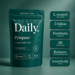 A teal stand-up pouch labeled Daily Pylopass L.reuteri DSM 17648 food supplement stands on a matching teal background, with six dark teal callout badges to the right listing key claims: L.