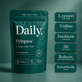 A teal stand-up pouch labeled Daily Pylopass L.reuteri DSM 17648 food supplement stands on a matching teal background, with six dark teal callout badges to the right listing key claims: L.