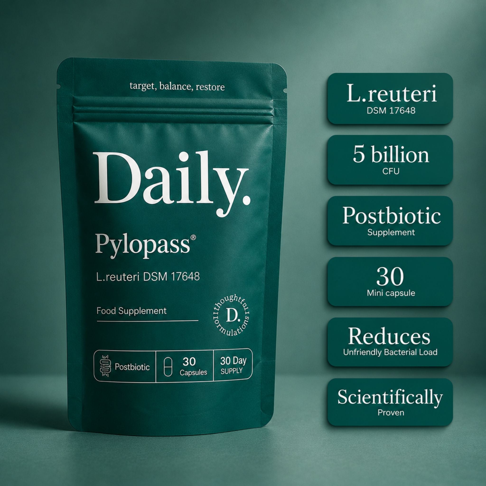 A teal stand-up pouch labeled Daily Pylopass L.reuteri DSM 17648 food supplement stands on a matching teal background, with six dark teal callout badges to the right listing key claims: L.