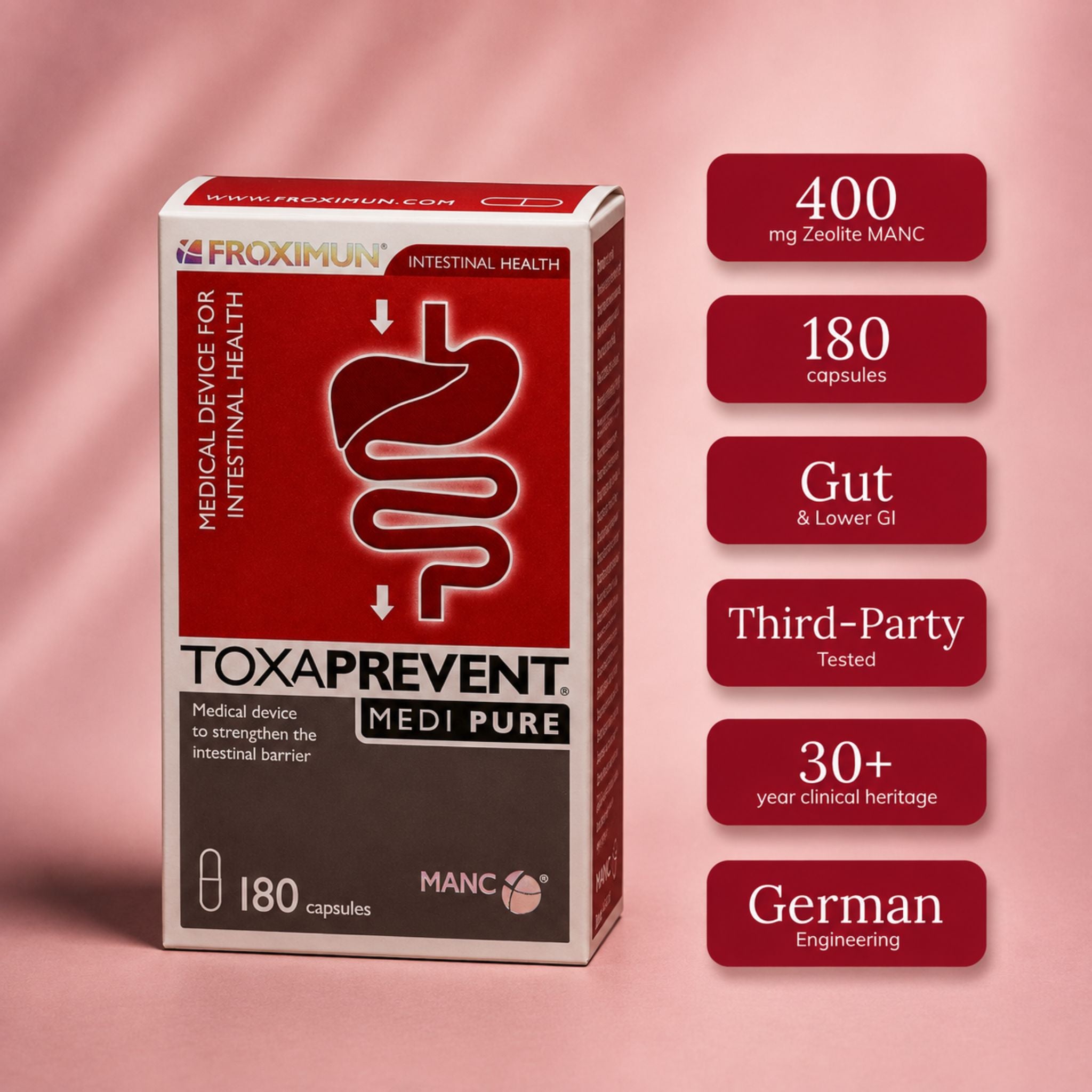A boxed supplement product labeled FROXIMUN TOXAPREVENT MEDI PURE stands on a pink studio background, with six dark red text badges to the right listing key claims: 400 mg Zeolite MAC, 180 capsules, Gut & Lower GI, Third-Party Tested, 30+ year clinical heritage, and German Engineering.