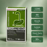 A box of Fröximun ToxaPrevent Halistop tablets shown on a green gradient background, alongside six dark green feature callouts detailing dosage, chewable count, flavor, testing, and clinical heritage.