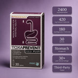A boxed product labeled FROXIMUN TOXAPREVENT MEDI PLUS stands on a lavender background, with a vertical column of purple callout cards listing ingredients and benefits including 2400 mg zeolite, 420 mg calcium carbonate, 180 mg magnesium carbonate, 30 sachets, stomach and upper GI support, and 30+ year clinical heritage.
