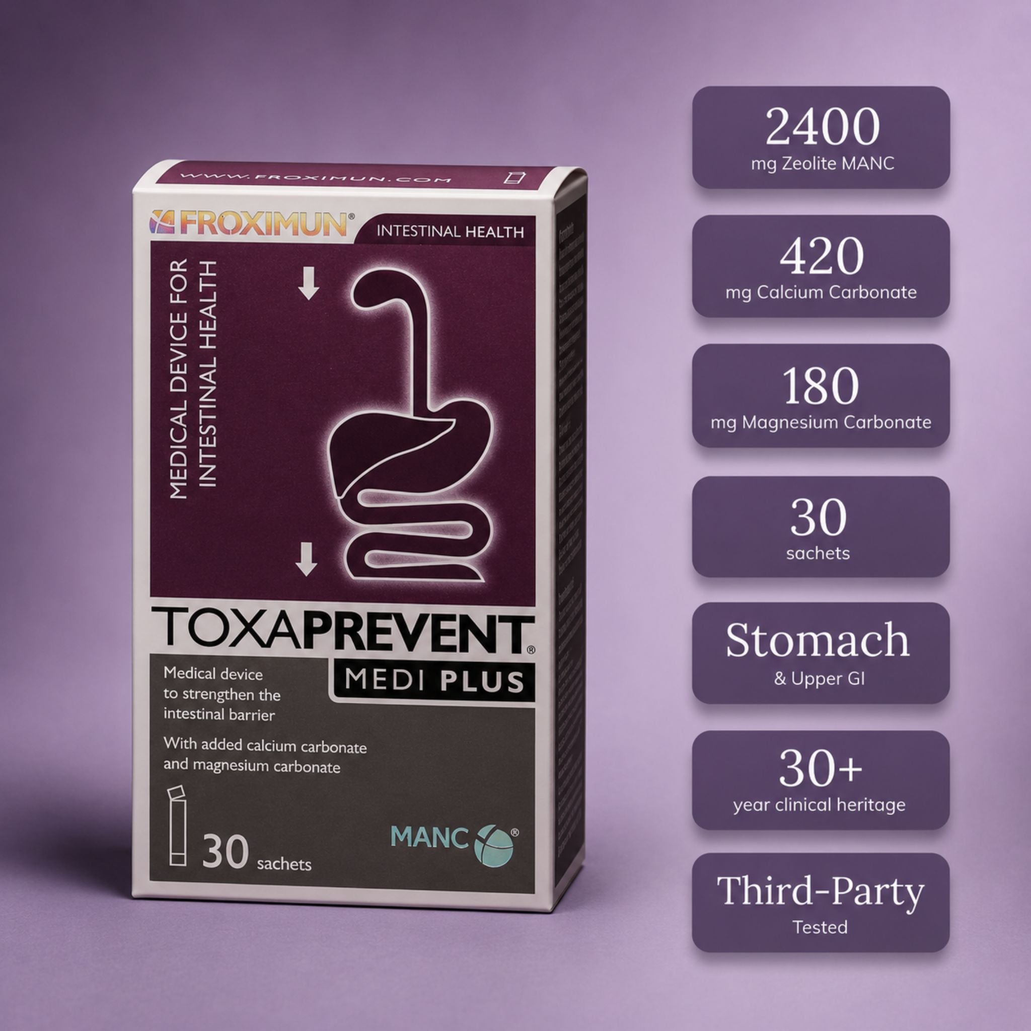 A boxed product labeled FROXIMUN TOXAPREVENT MEDI PLUS stands on a lavender background, with a vertical column of purple callout cards listing ingredients and benefits including 2400 mg zeolite, 420 mg calcium carbonate, 180 mg magnesium carbonate, 30 sachets, stomach and upper GI support, and 30+ year clinical heritage.