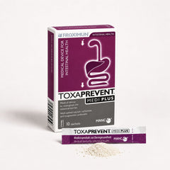 Toxaprevent Medi Plus intestinal health kit by Froximun, featuring a purple and white product box, a single sachet, and a small pile of zeolite powder on a clean white background.