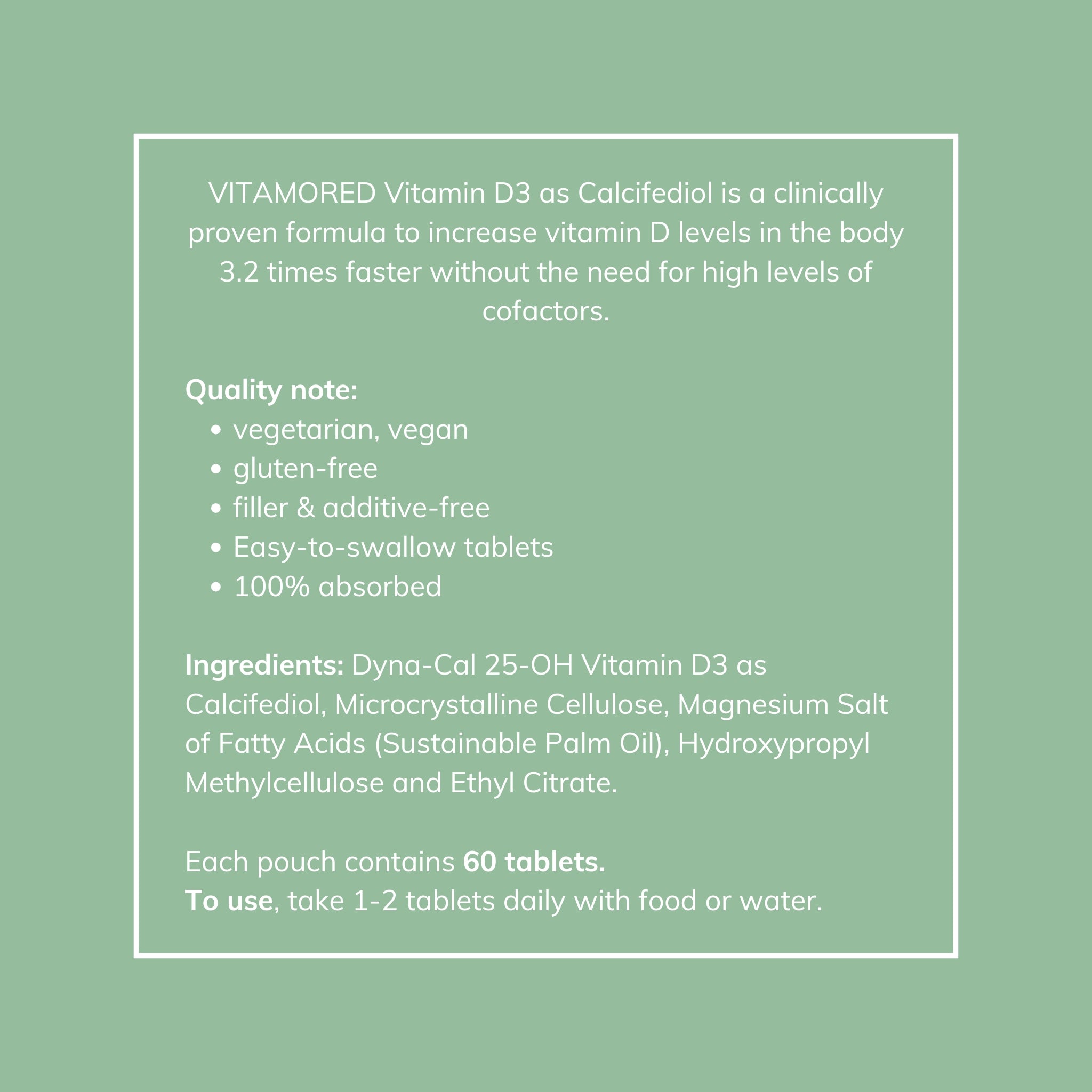 What does vitamoreD contain. VitamoreD ingredients. Calcifediol supplement ingredients.