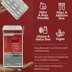 Toxaprevent Capsules with Icons and Benefits explaining how it is manufactured in Germany in a facility that ISO and GMP certified. And how Toxaprevent is a medical-grade zeolite, clinoptilolite.