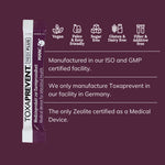 TOXAPREVENT packaging with certification icons and text on a purple background explaining that Toxaprevent is manufactured in an ISO and GMP certfied facility and is a medical device