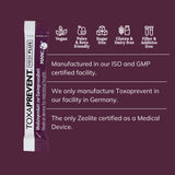 TOXAPREVENT packaging with certification icons and text on a purple background explaining that Toxaprevent is manufactured in an ISO and GMP certfied facility and is a medical device